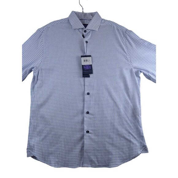 Michelsons of London Men's Medium Regular-Fit Blue Check Dress Shirt Long Sleeve - Picture 1 of 15